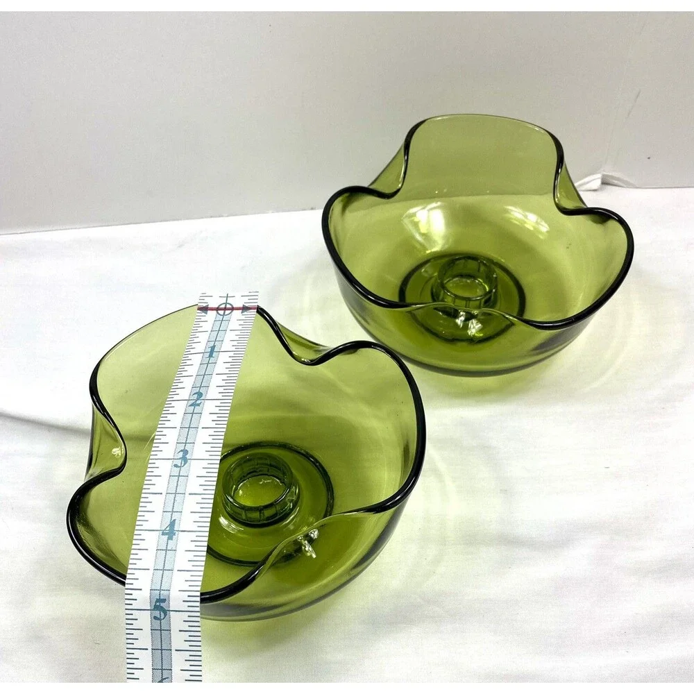 2 Vintage MCM Viking Glass Folded Candlestick Holders Green